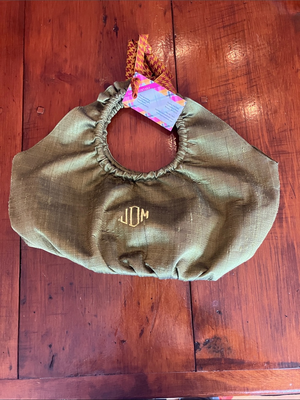 Olive Green Gathered Handle Shoulder Bag with Monogram Detail